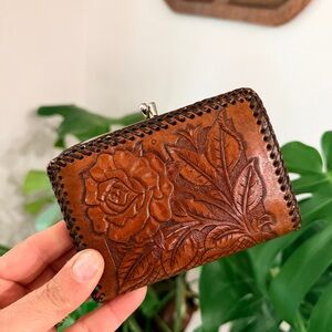 Vintage Tooled Leather Kiss Lock Wallet | Floral Rose Coin Purse